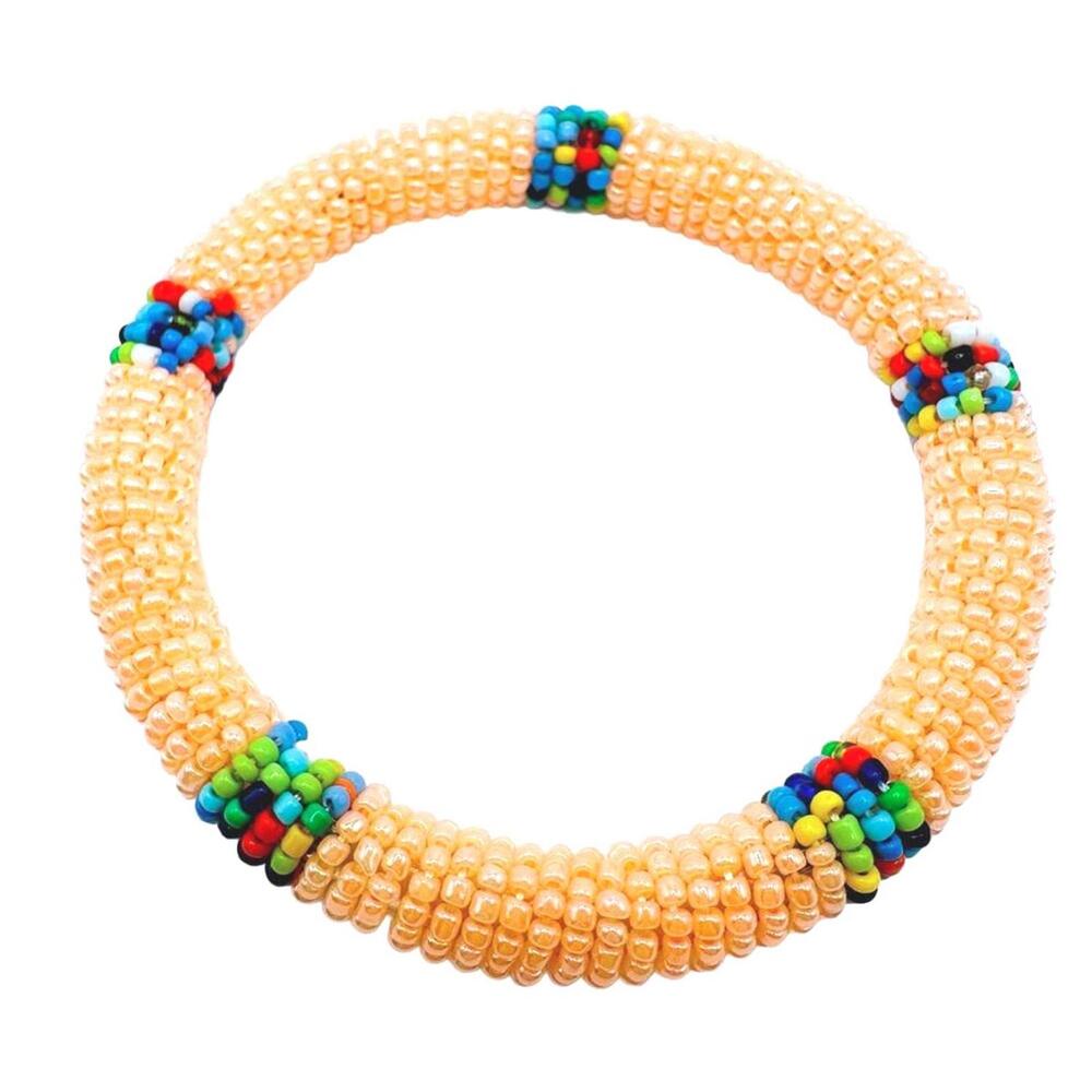 Bracelet Hand Beaded African Maasai Bangle Kenya Light Peach/Pink 3 1/2"